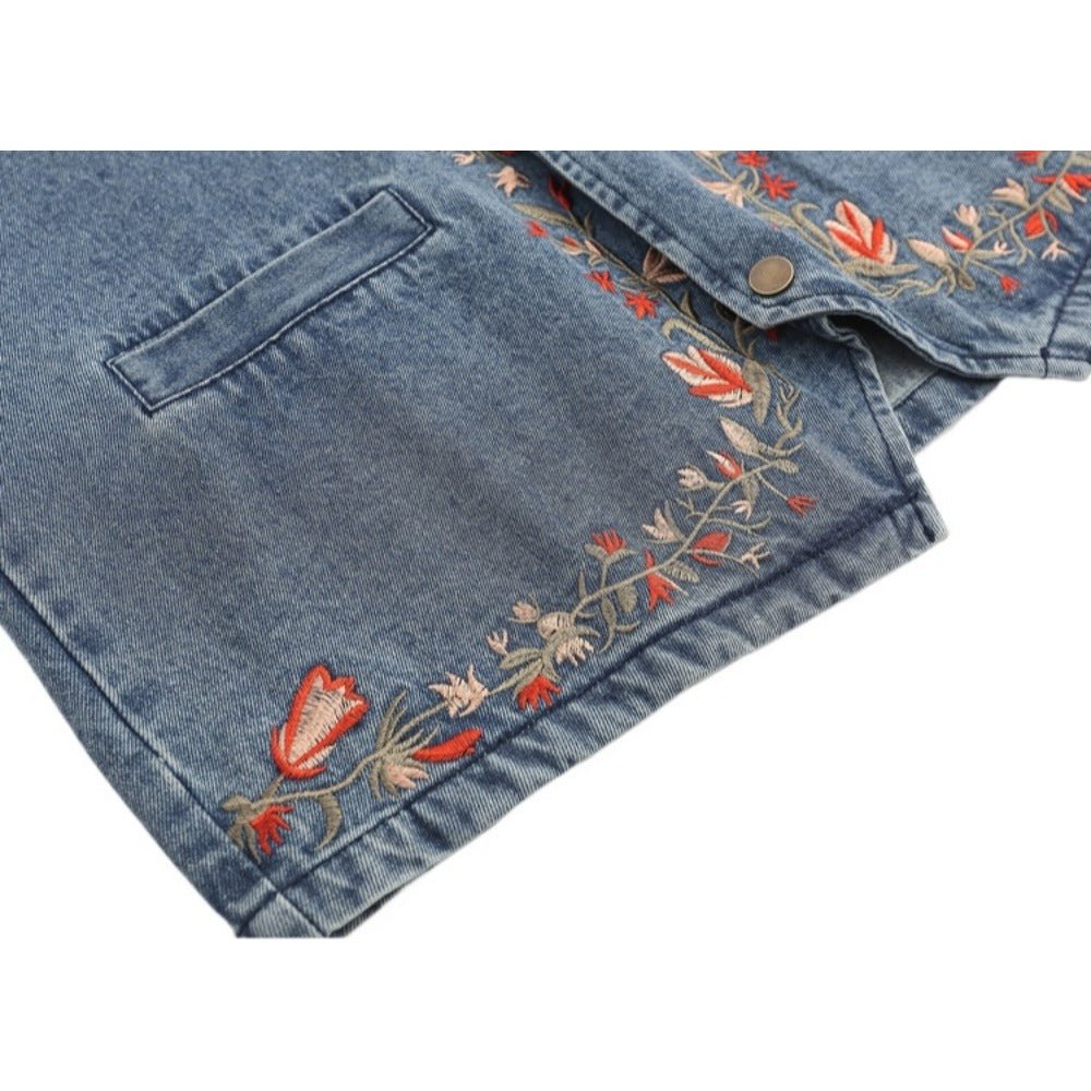 Floral Embroidered Denim Vest - Thrashink
