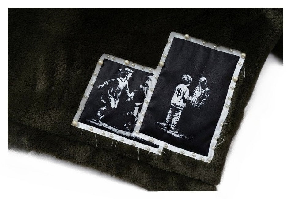 Fuzzy Beaded Comic Patch Collarless Padded Jacket - Thrashink