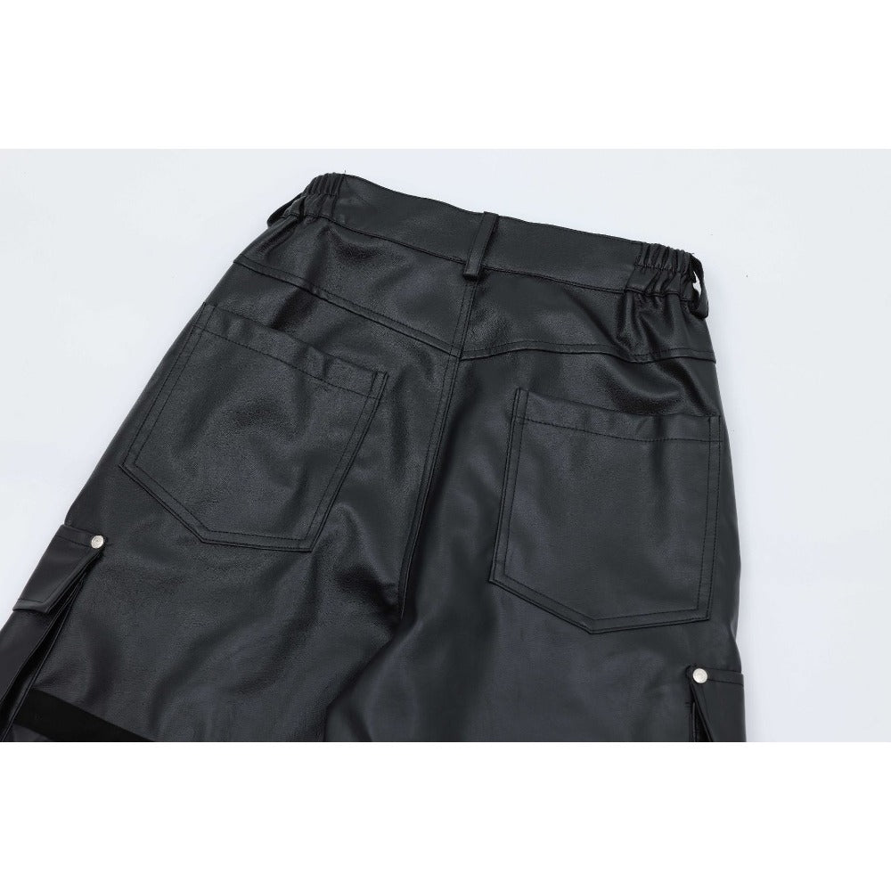 Loose Pleated Leather Cargo Pants - Thrashink