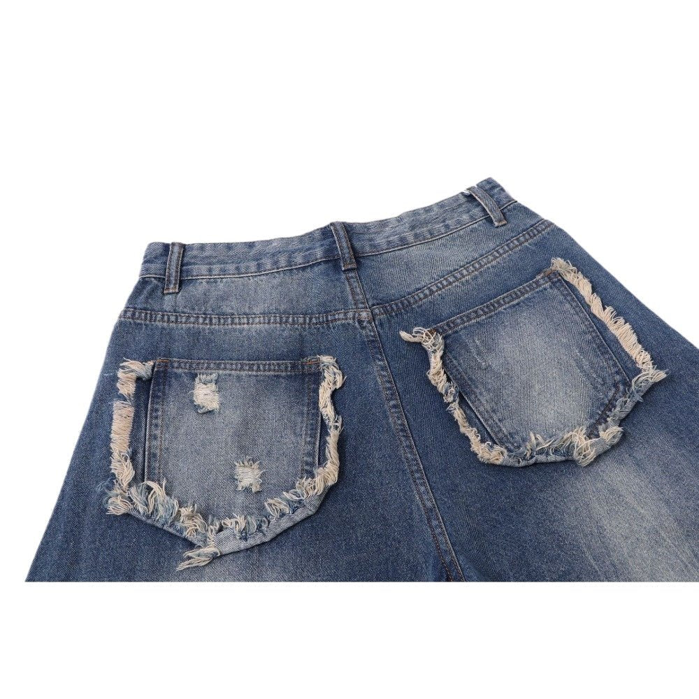 Studded Cross - Patch Baggy Frayed Jeans - Thrashink