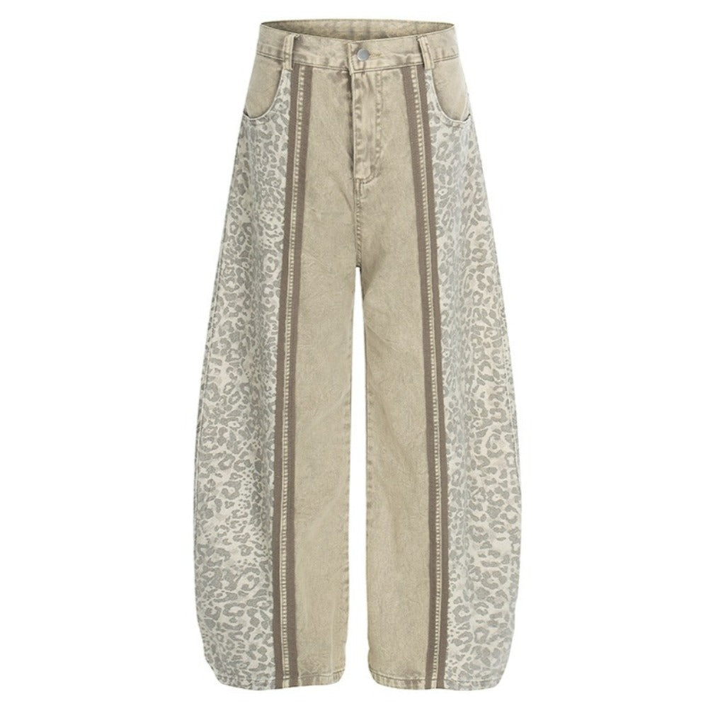 Washed Leopard Print Contrast Panel Jeans