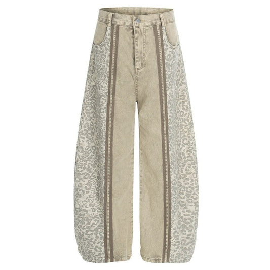 Washed Leopard Print Contrast Panel Jeans