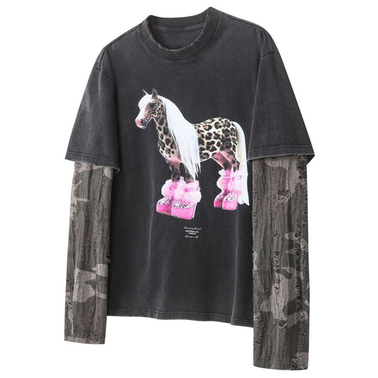 Heeled Horse Camo Layered Sleeve T-Shirt