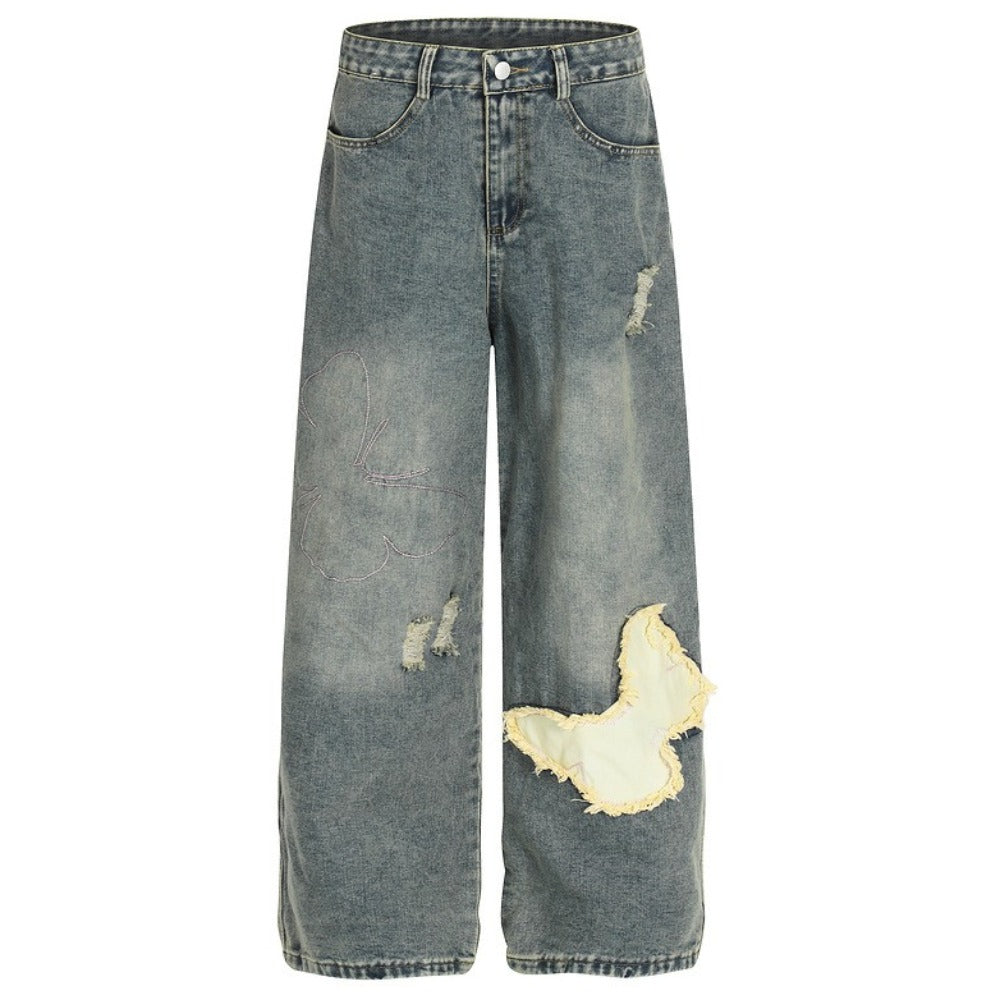 Washed Distressed Butterfly Patch Wide-Leg Jeans