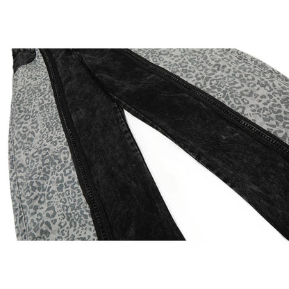 Washed Leopard Print Contrast Panel Jeans