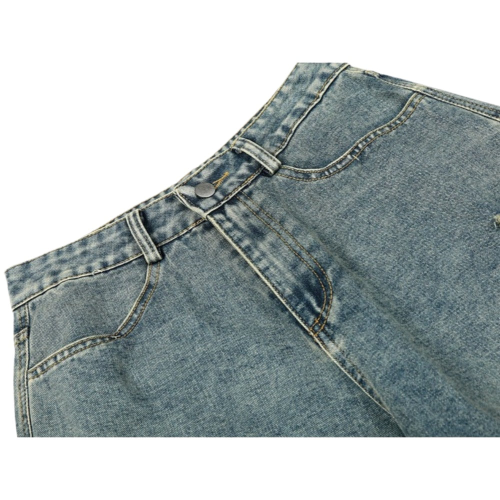 Washed Distressed Butterfly Patch Wide-Leg Jeans