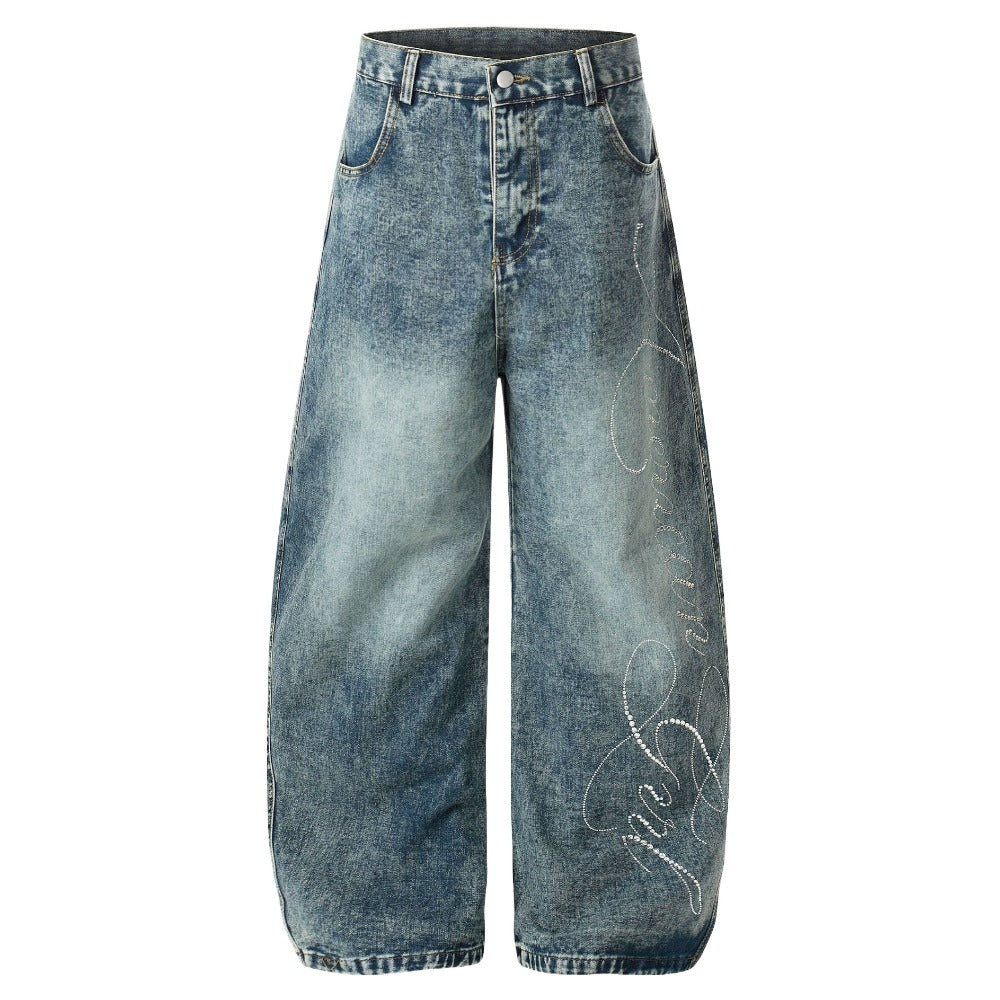 Rhinestone Script Baggy Jeans