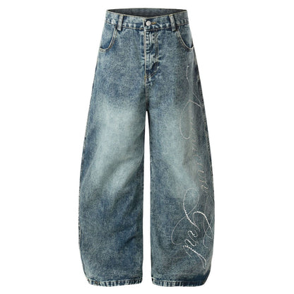 Rhinestone Script Baggy Jeans