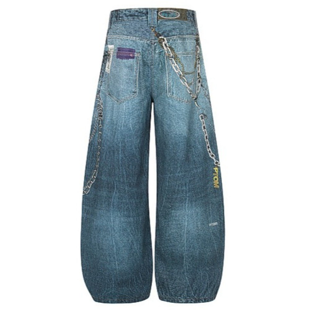 Vintage Washed Distressed AC Print Jeans