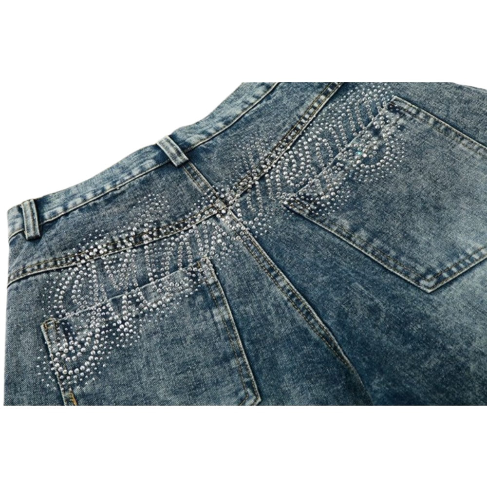 Rhinestone Script Baggy Jeans