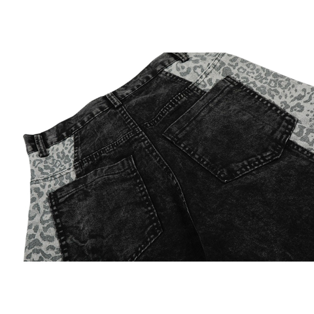 Washed Leopard Print Contrast Panel Jeans