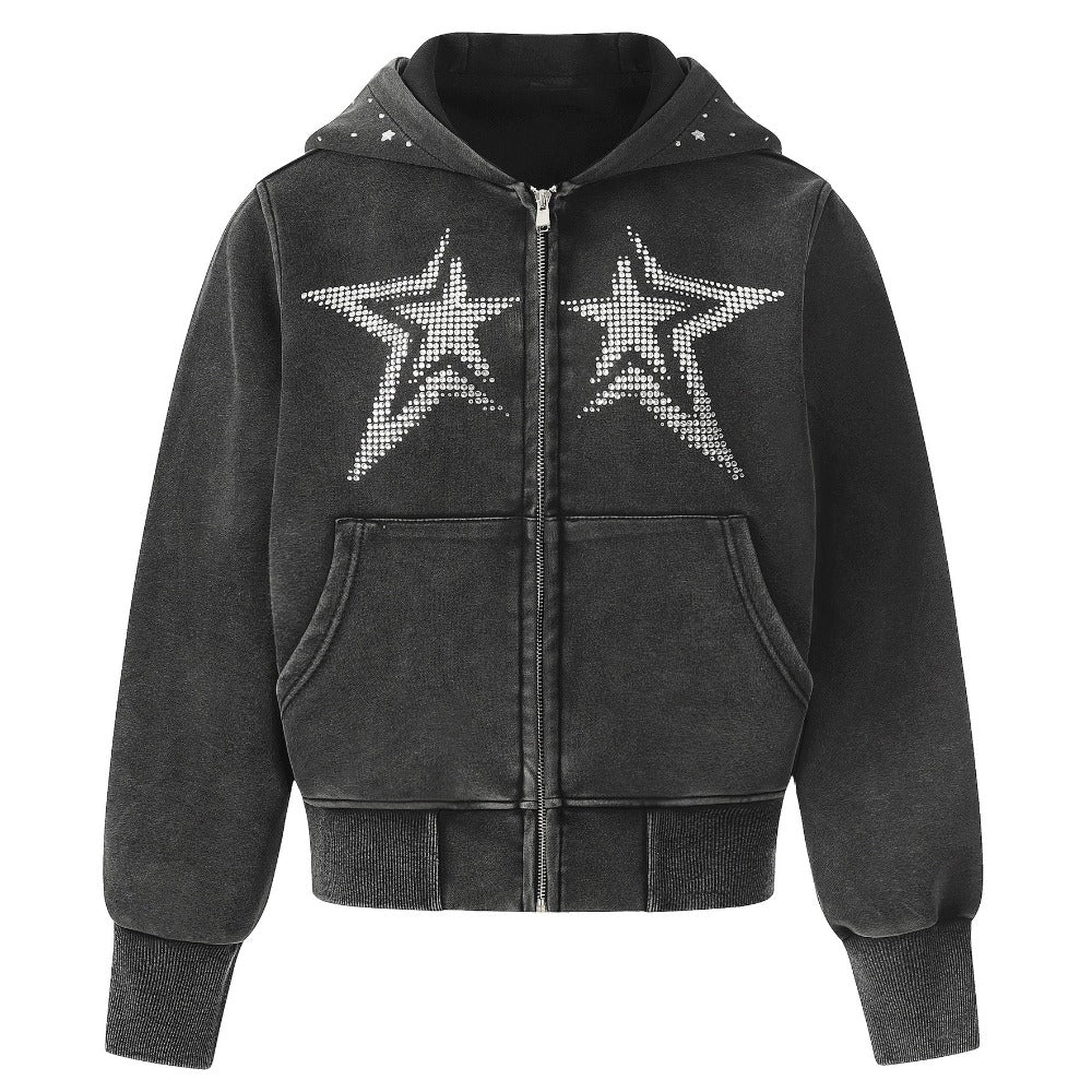 Acid Wash Rhinestone Star Zip Hoodie