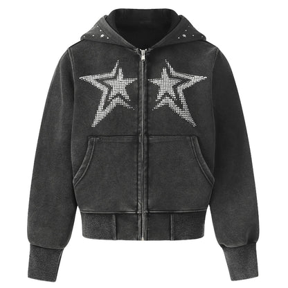 Acid Wash Rhinestone Star Zip Hoodie