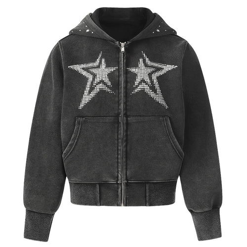 Acid Wash Rhinestone Star Zip Hoodie