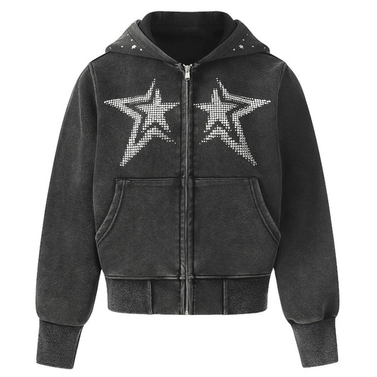 Acid Wash Rhinestone Star Zip Hoodie