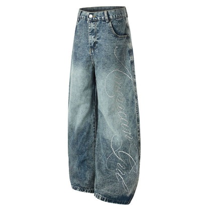 Rhinestone Script Baggy Jeans