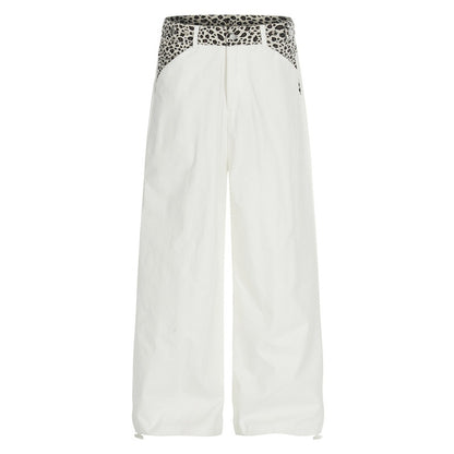 High-Waisted White Leopard Patch Wide-Leg Pants