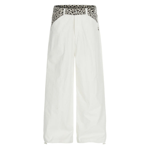High-Waisted White Leopard Patch Wide-Leg Pants