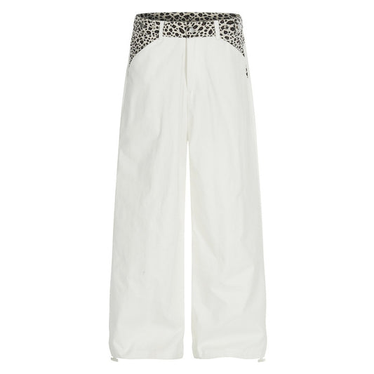 High-Waisted White Leopard Patch Wide-Leg Pants