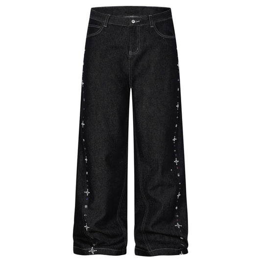 Black Rhinestone Embellished Wide Leg Jeans