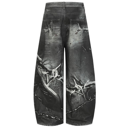 3D Printed Gothic Chain Art Wide - Leg Jeans - Thrashink