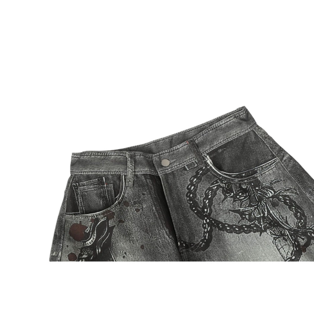 3D Printed Gothic Chain Art Wide - Leg Jeans - Thrashink