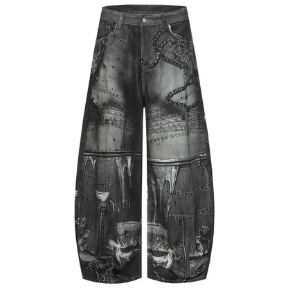 3D Printed Gothic Chain Art Wide - Leg Jeans - Thrashink