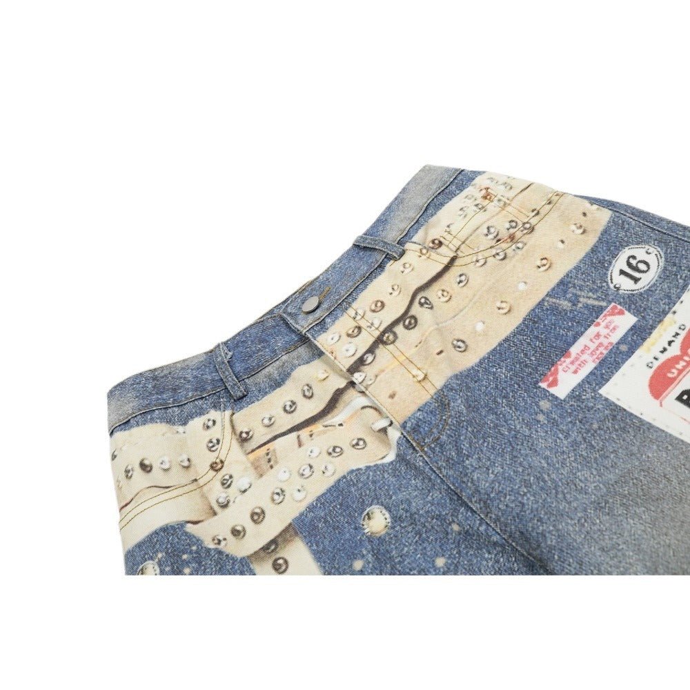 3D Rivet Belt Printed Distressed Washed Jeans - Thrashink