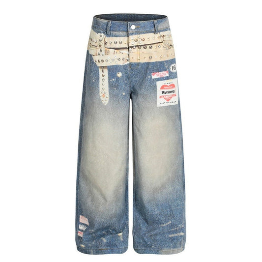 3D Rivet Belt Printed Distressed Washed Jeans - Thrashink