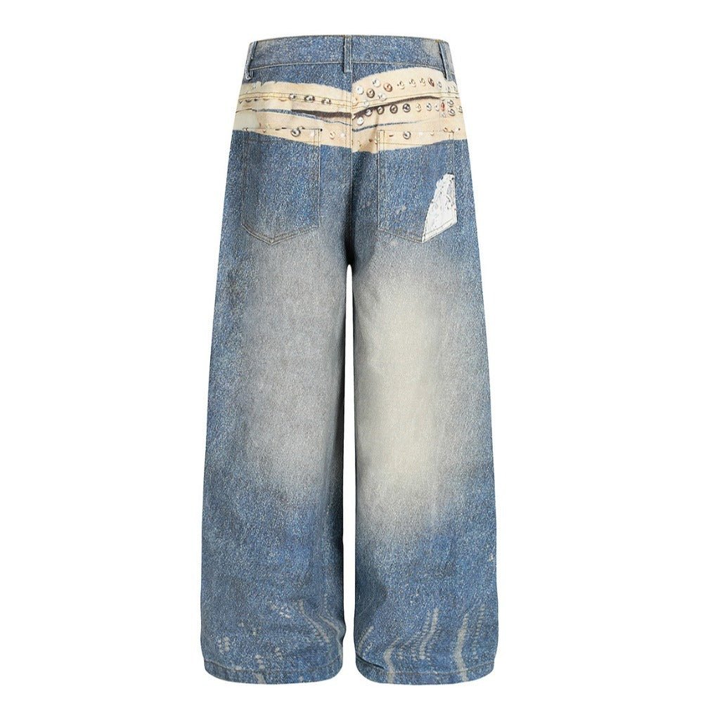 3D Rivet Belt Printed Distressed Washed Jeans - Thrashink