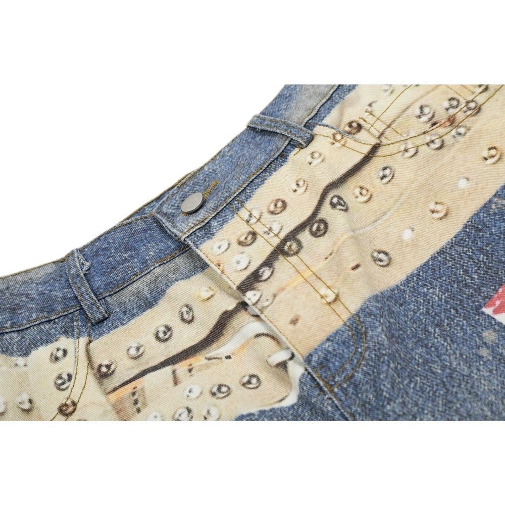 3D Rivet Belt Printed Distressed Washed Jeans - Thrashink