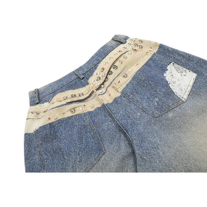 3D Rivet Belt Printed Distressed Washed Jeans - Thrashink