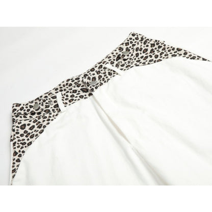 High-Waisted White Leopard Patch Wide-Leg Pants