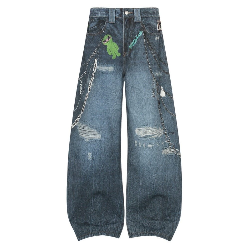 Vintage Washed Distressed AC Print Jeans