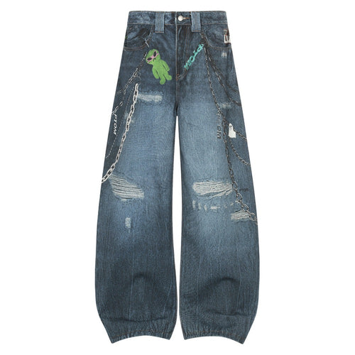 Vintage Washed Distressed AC Print Jeans