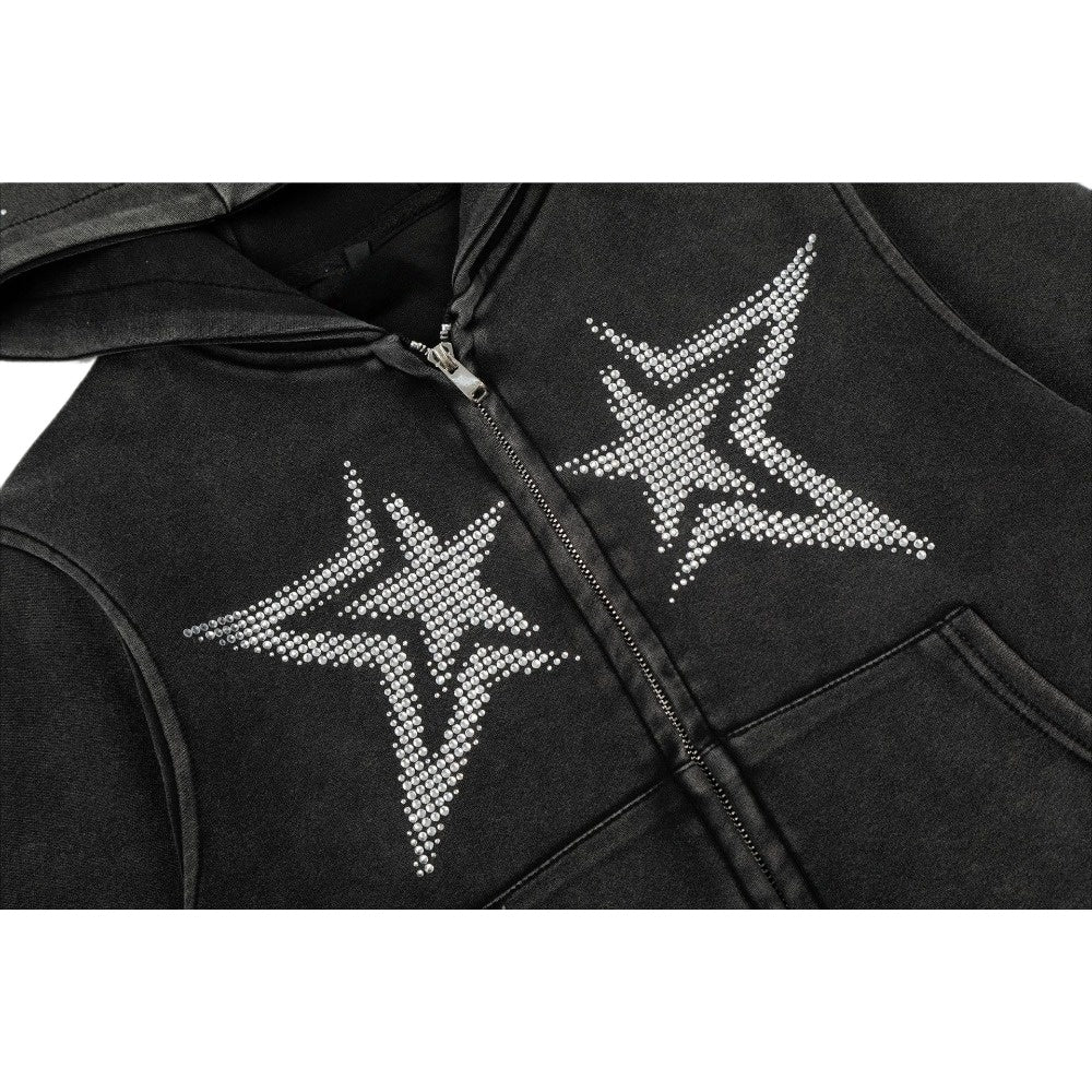 Acid Wash Rhinestone Star Zip Hoodie