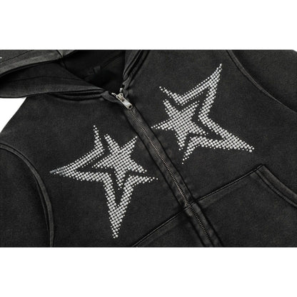 Acid Wash Rhinestone Star Zip Hoodie