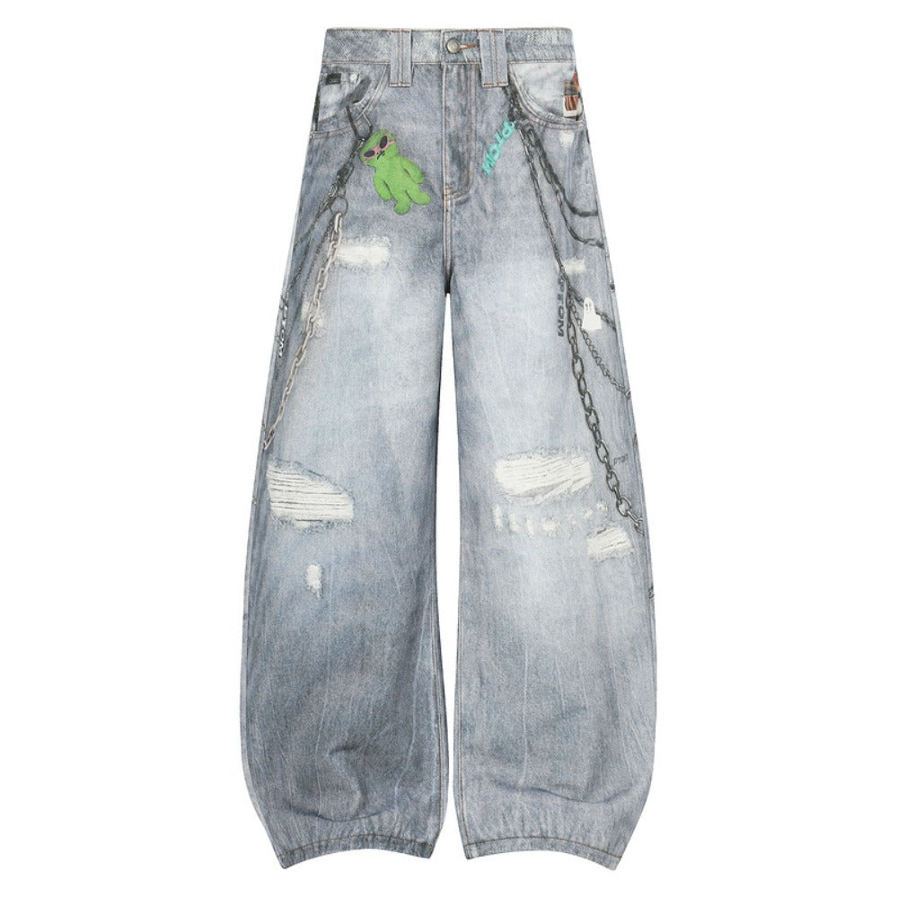Vintage Washed Distressed AC Print Jeans