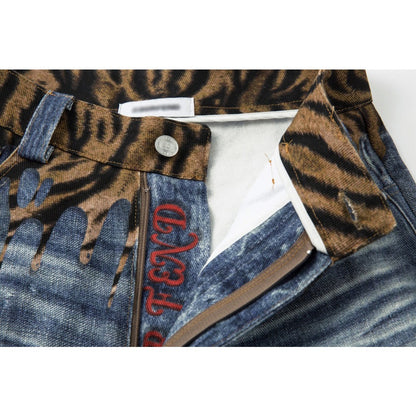 3D Digital Tiger Print Spliced Baggy Jeans