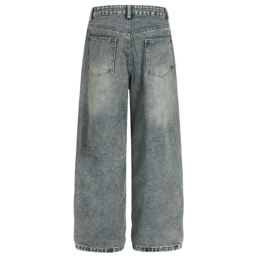 Washed Distressed Butterfly Patch Wide-Leg Jeans