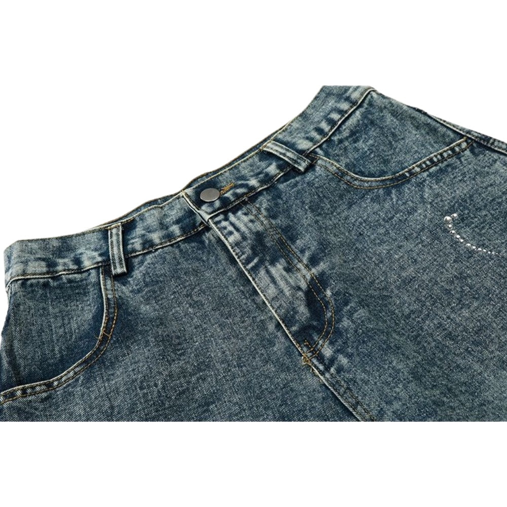 Rhinestone Script Baggy Jeans