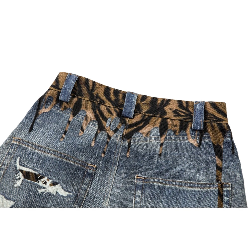 3D Digital Tiger Print Spliced Baggy Jeans