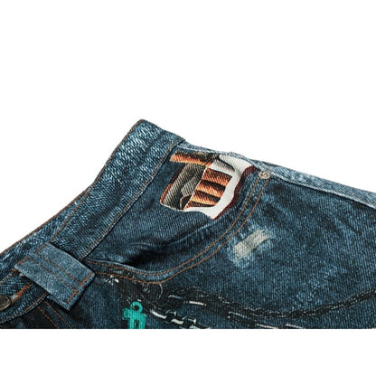 Vintage Washed Distressed AC Print Jeans
