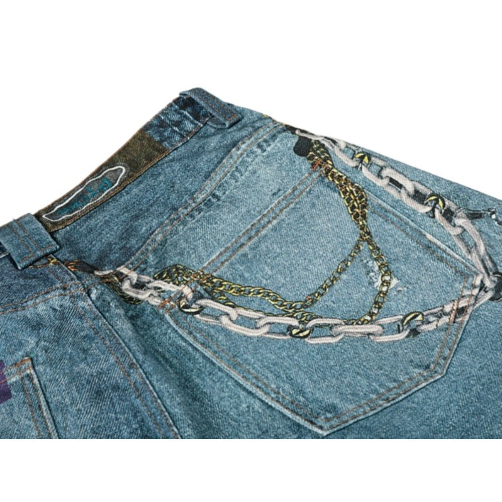 Vintage Washed Distressed AC Print Jeans