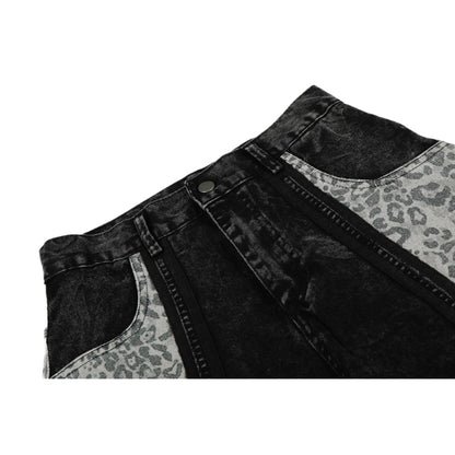 Washed Leopard Print Contrast Panel Jeans
