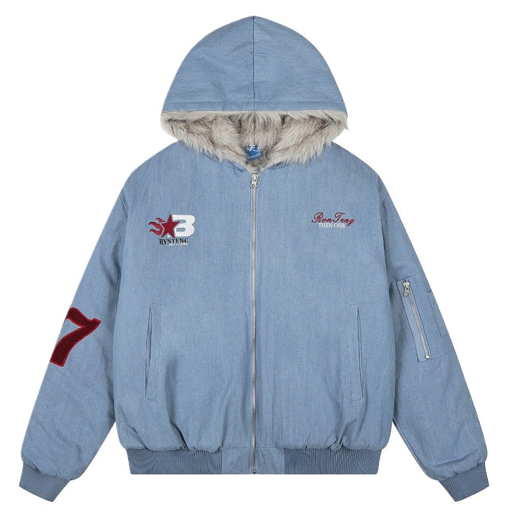 97 Hooded Denim Graphic Padded Jacket - Thrashink