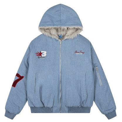 97 Hooded Denim Graphic Padded Jacket - Thrashink