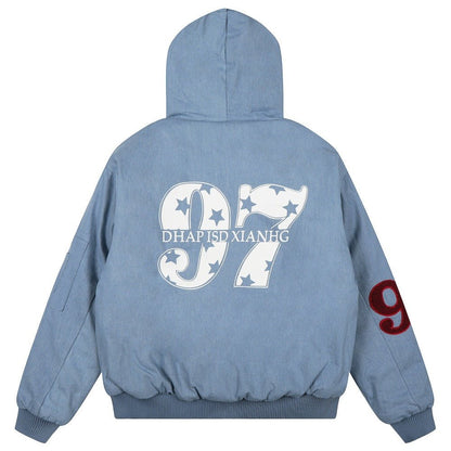 97 Hooded Denim Graphic Padded Jacket - Thrashink
