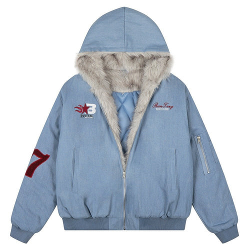 97 Hooded Denim Graphic Padded Jacket - Thrashink