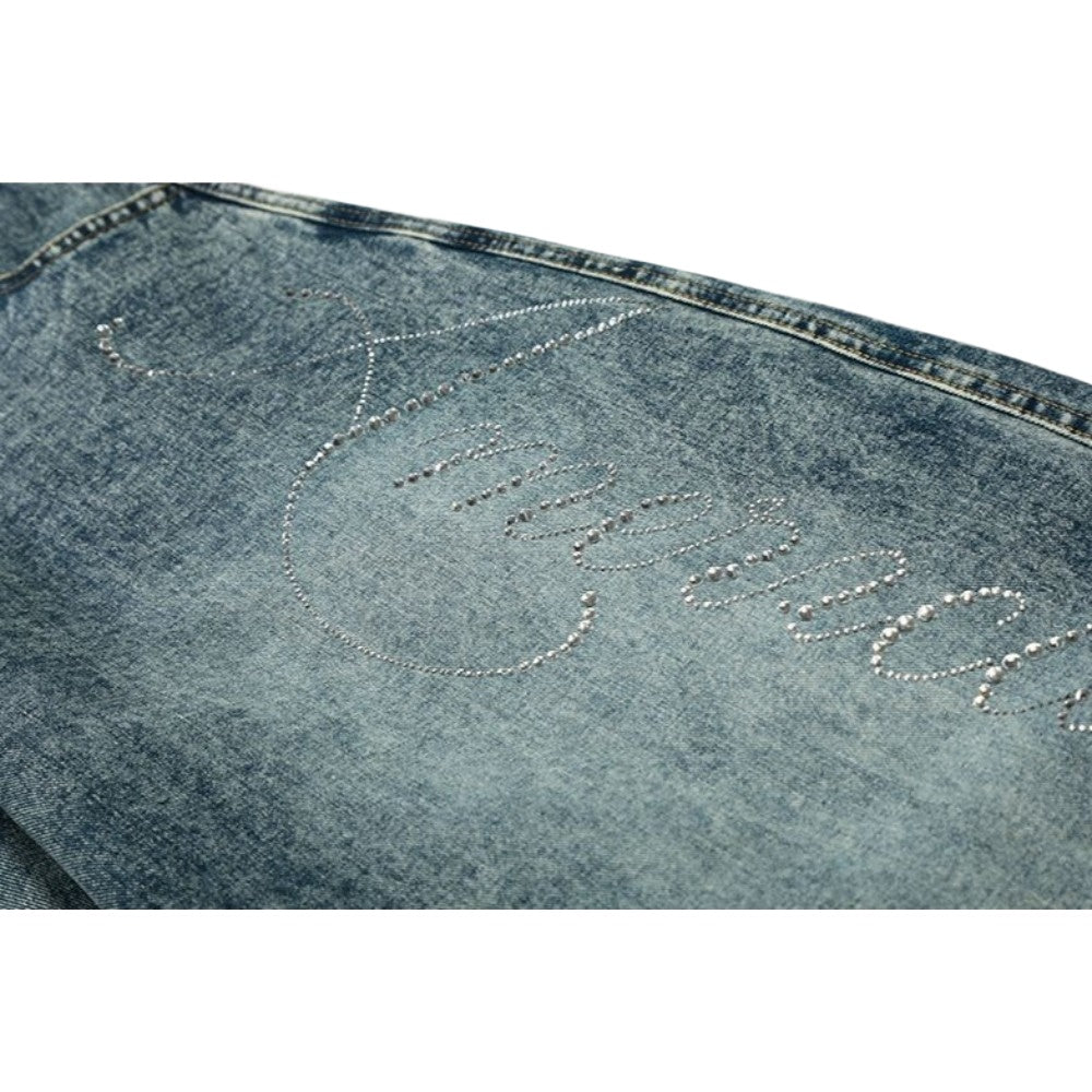 Rhinestone Script Baggy Jeans